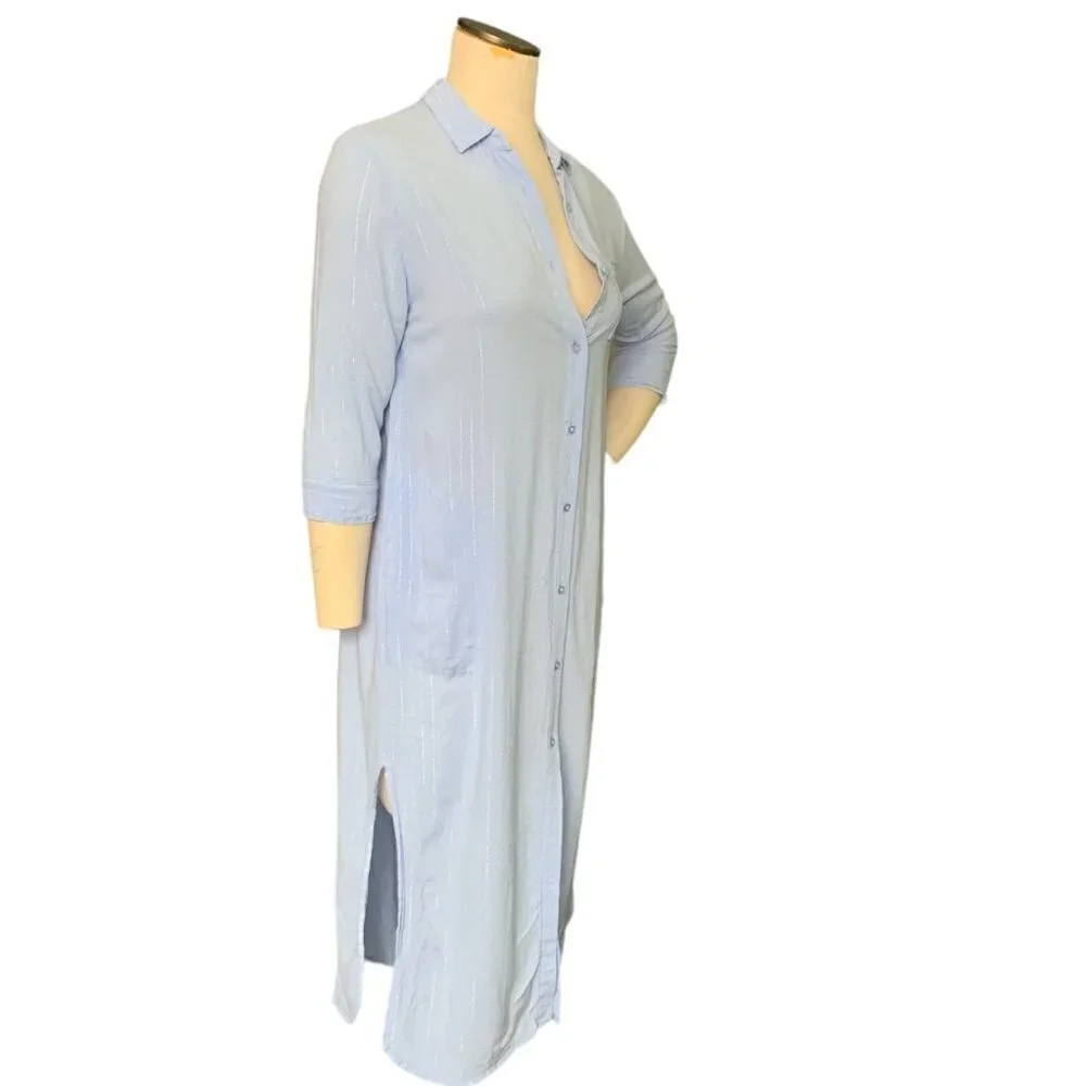 Donna Karan‎ Sleepwear Striped Button-Down Night Shirt-Dress Sz S Blue #129G